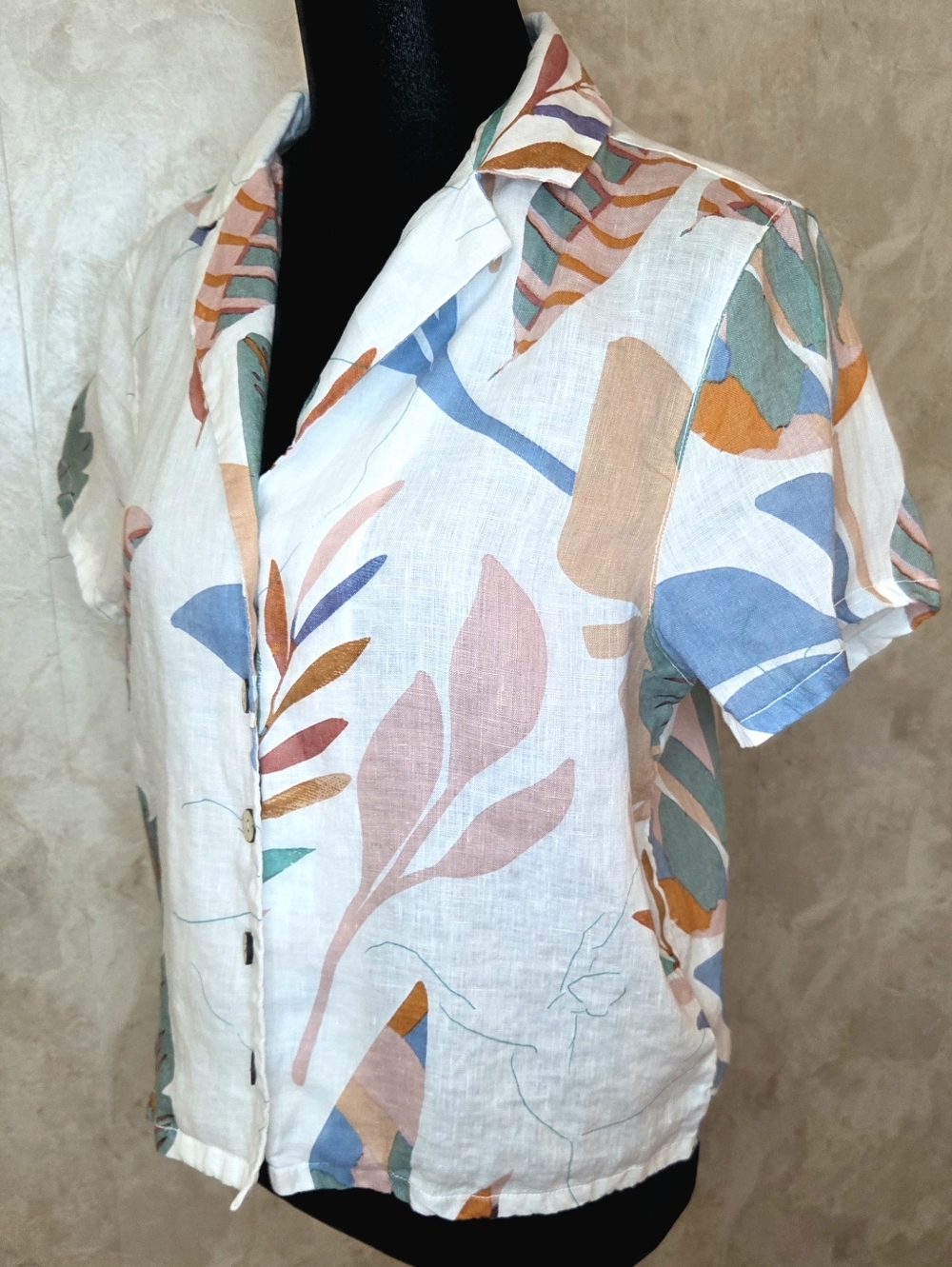 Lightweight Abstract Print Button Down Blouse Coastal Summer Top Relaxed Fit